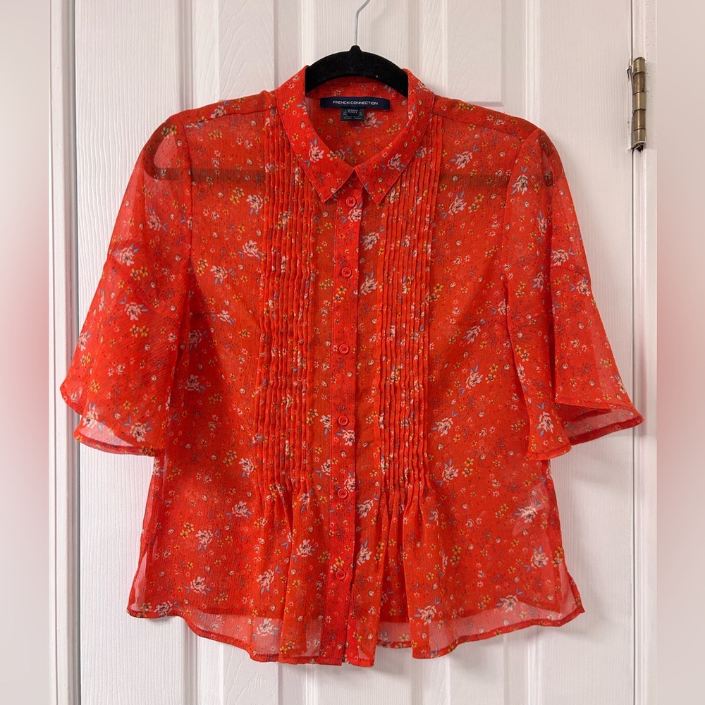 French Connection Floral Reddish Orange Sheer Blouse